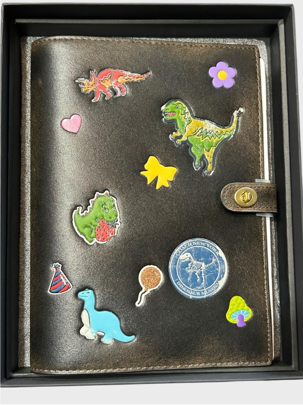 Coach Black Leather Notebook Cover with Colorful Dino Stickers - Picture 1 of 3